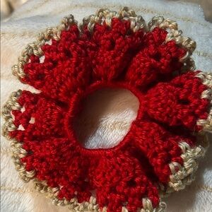 Hand Crafted Red and Gold Crochet Hair Scrunchie